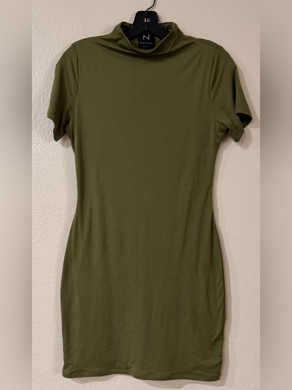Naked Wardrobe Mock Neck Short Sleeve Bodycon Mini Dress Olive Green Large